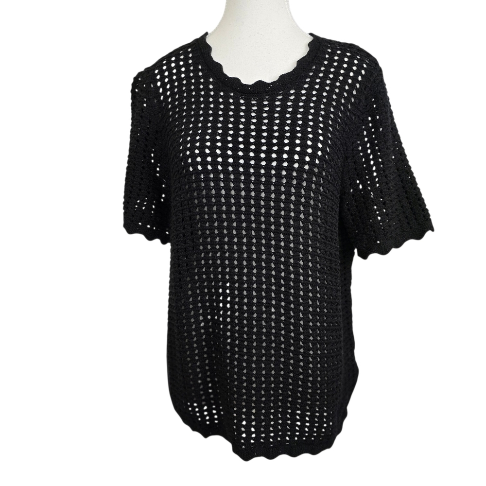 GAP Black Crochet Scalloped Trims Short Sleeve Blouse Size L Boho